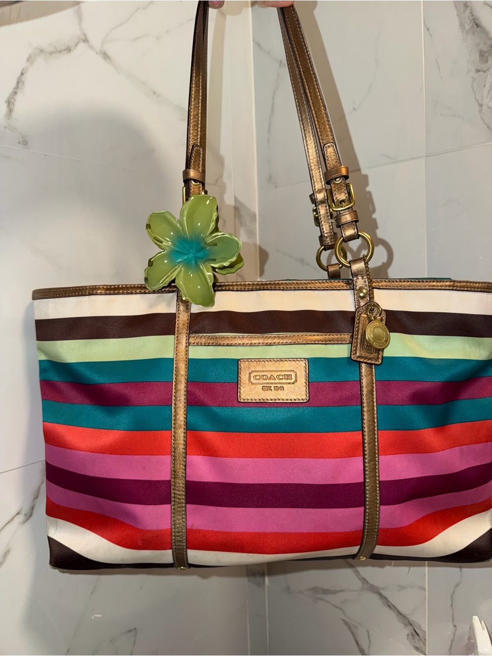 Coach Multicolor Striped Tote Bag with Gold Trim